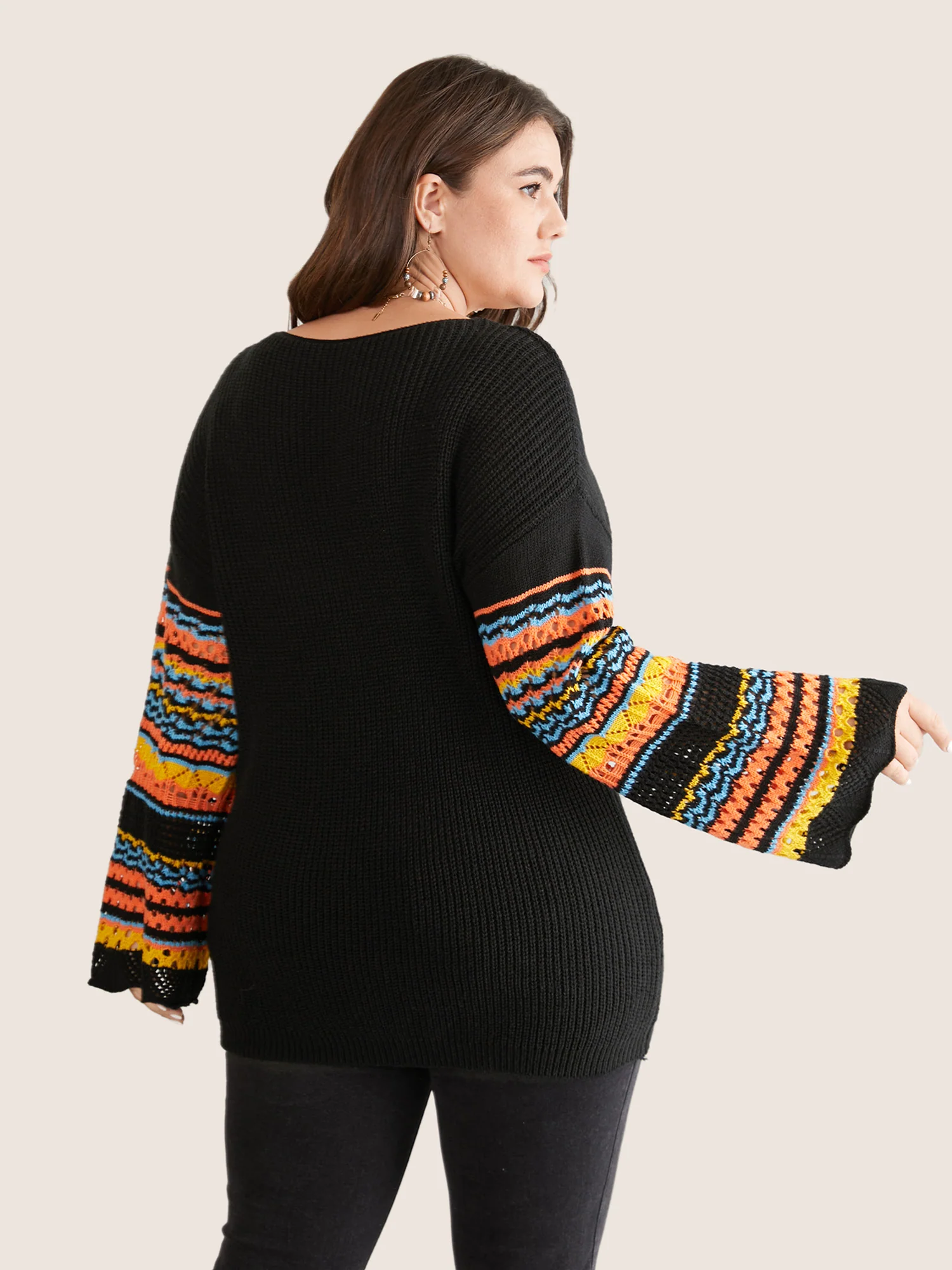Contrast Striped Hollow Out Bell Sleeve Pullover - Image 2