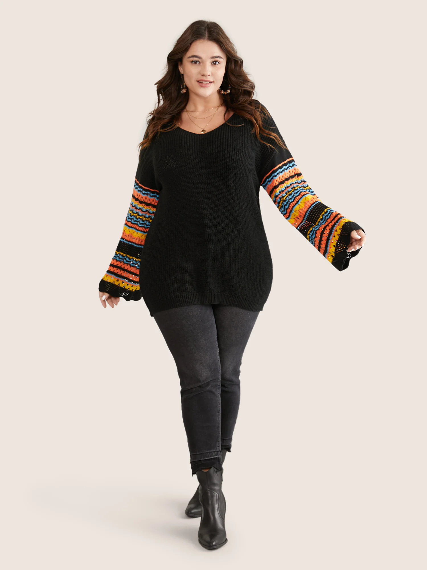 Contrast Striped Hollow Out Bell Sleeve Pullover - Image 3
