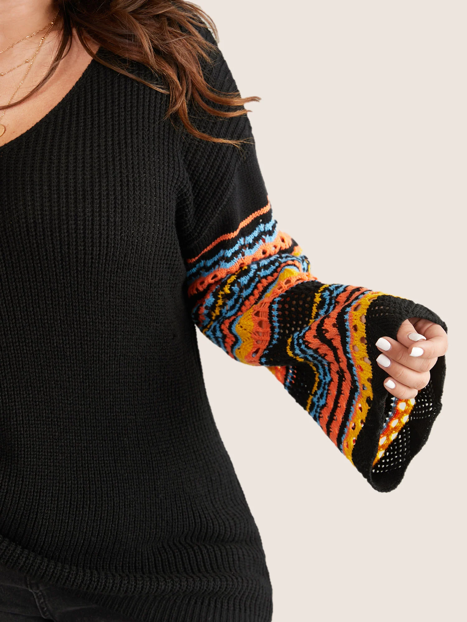 Contrast Striped Hollow Out Bell Sleeve Pullover - Image 4