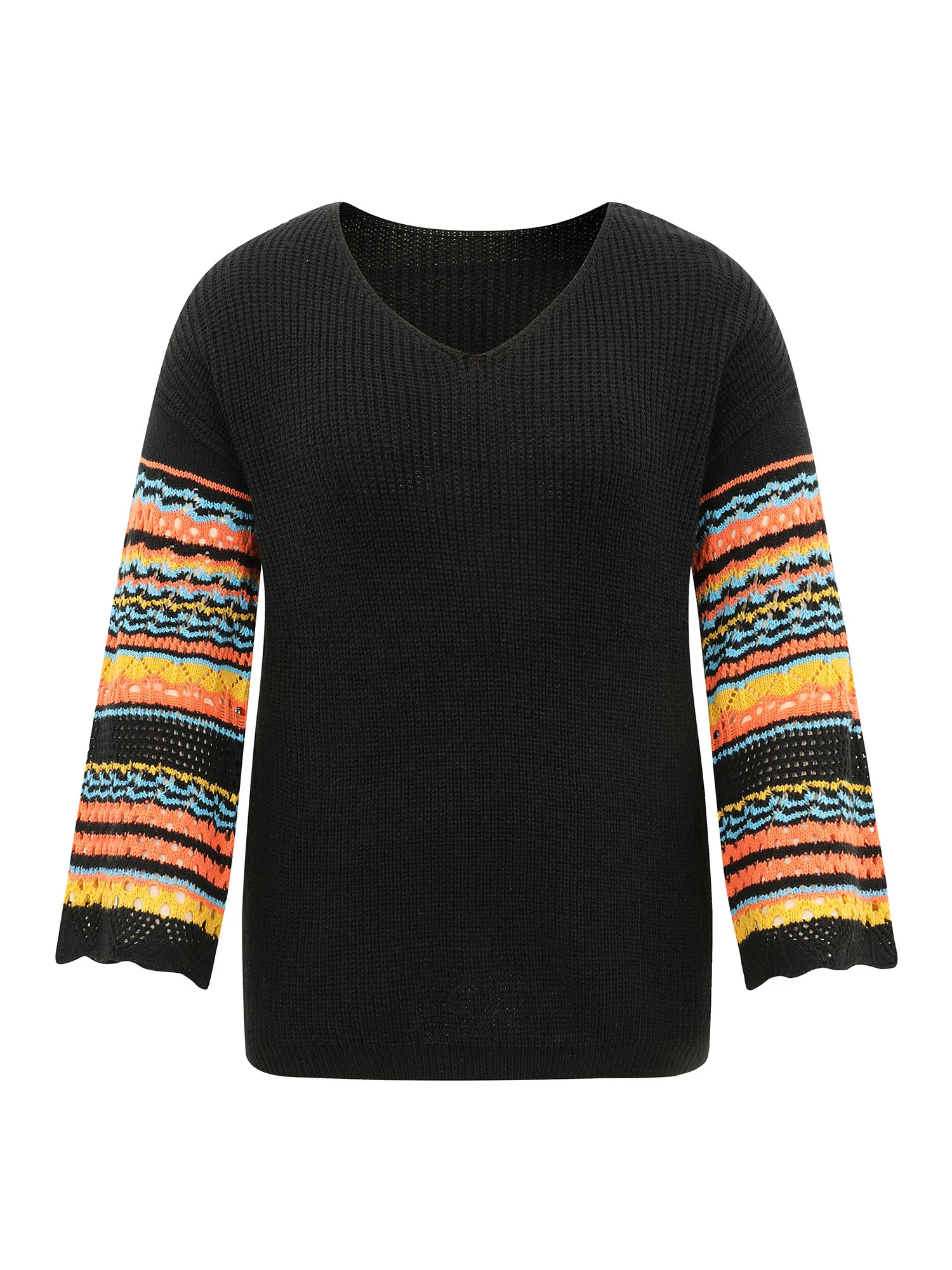 Contrast Striped Hollow Out Bell Sleeve Pullover - Image 5
