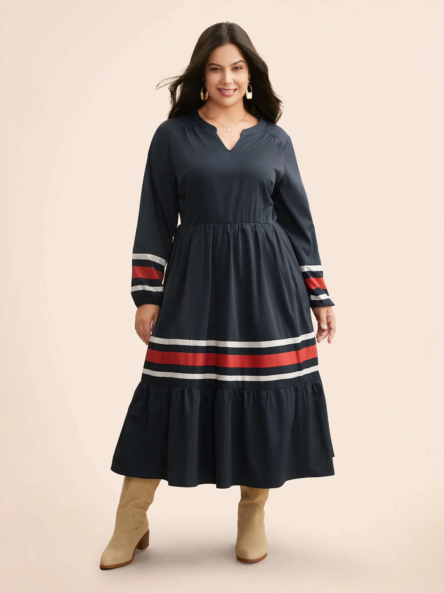 Contrast Striped Notched Ruffle Hem Dress - Image 3