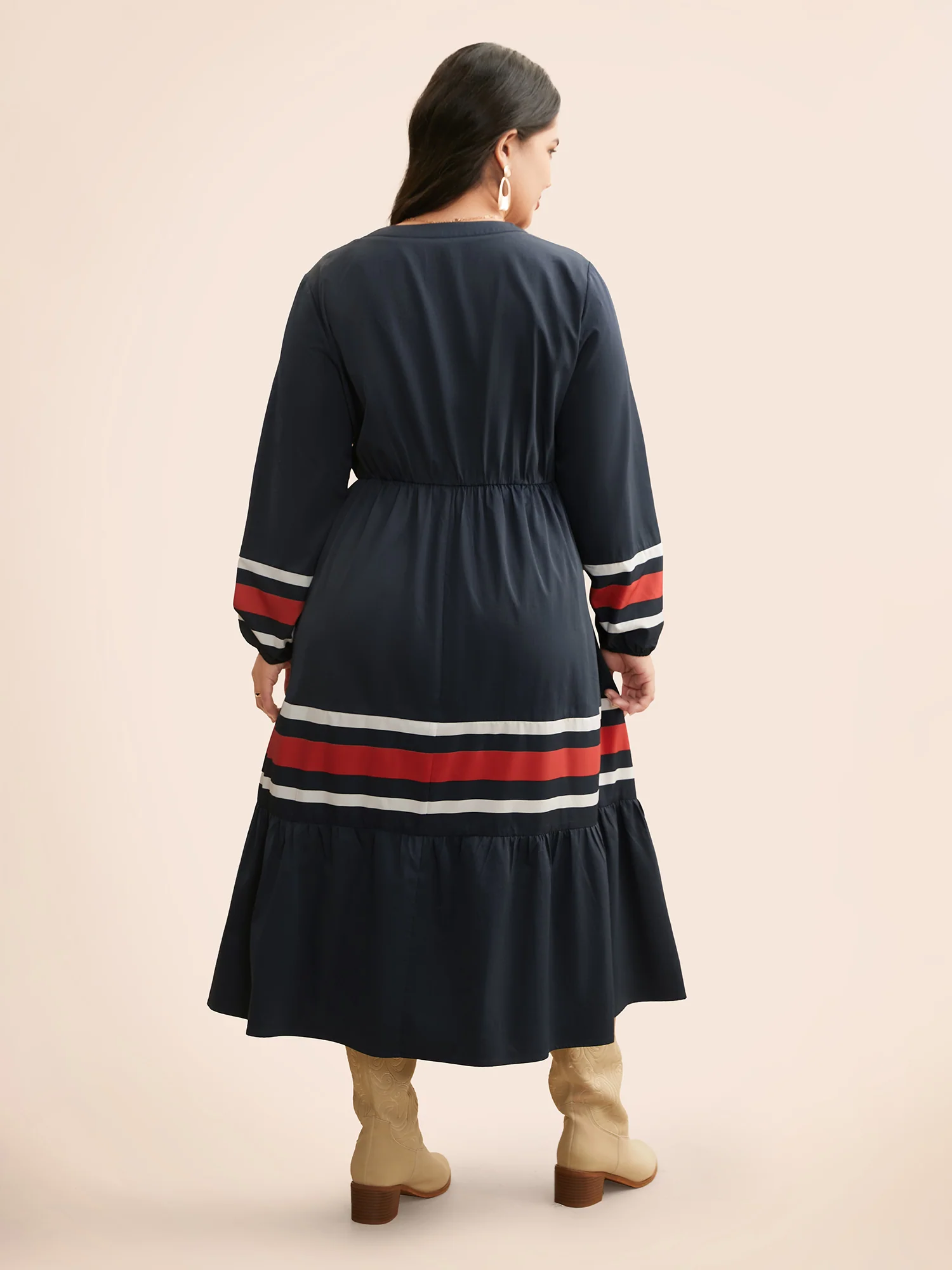 Contrast Striped Notched Ruffle Hem Dress - Image 4