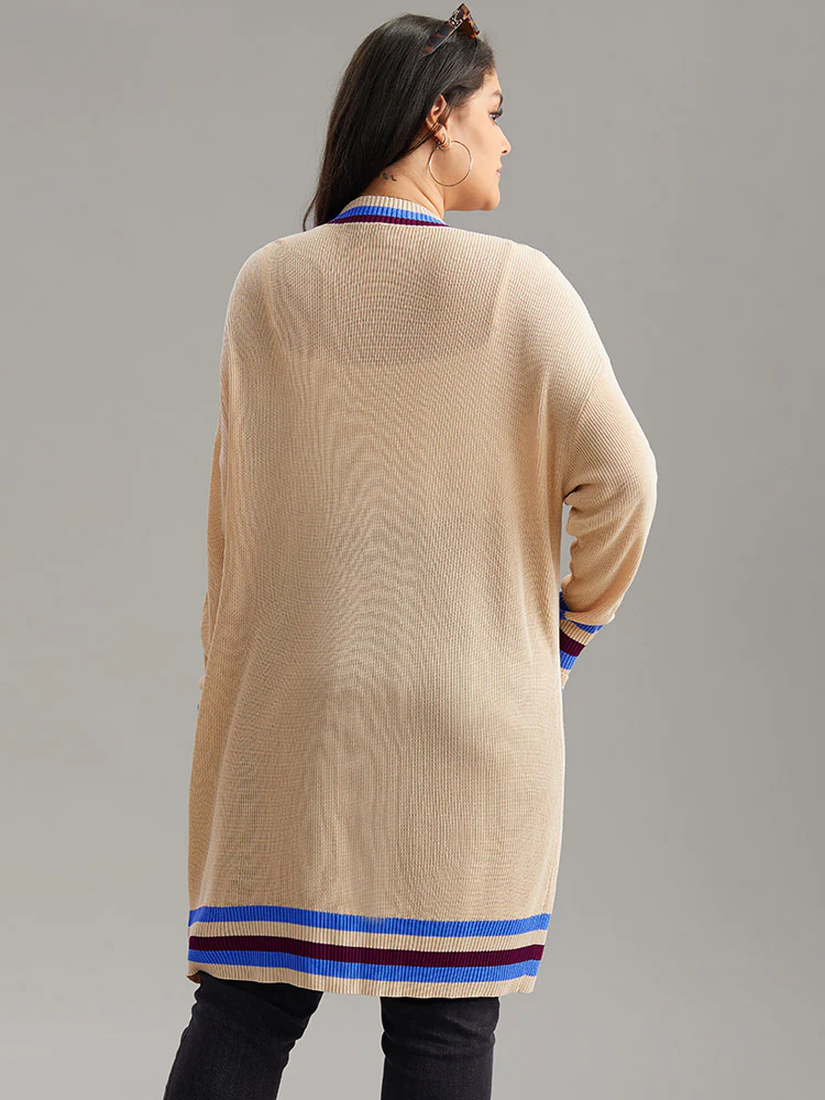 Contrast Striped Patched Pocket Drop Shoulder Cardigan - Image 2