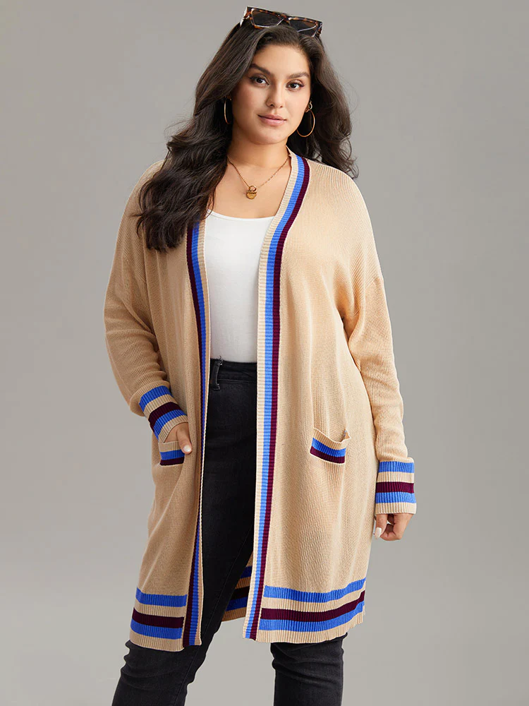 Contrast Striped Patched Pocket Drop Shoulder Cardigan - Image 3