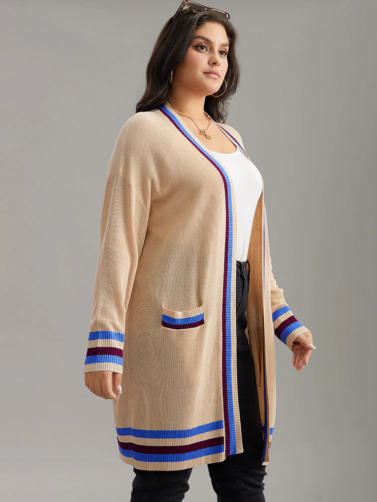 Contrast Striped Patched Pocket Drop Shoulder Cardigan - Image 4