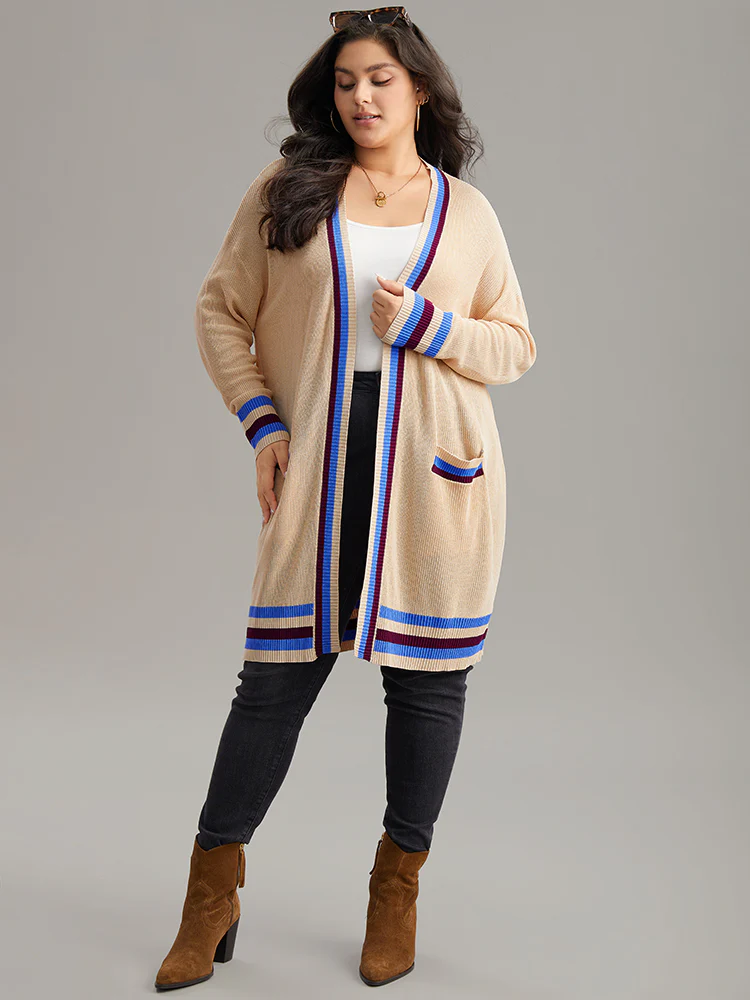 Contrast Striped Patched Pocket Drop Shoulder Cardigan - Image 5