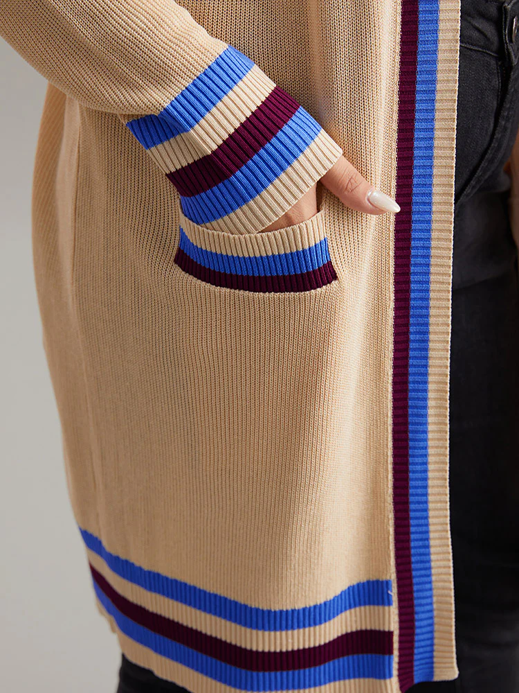 Contrast Striped Patched Pocket Drop Shoulder Cardigan - Image 6