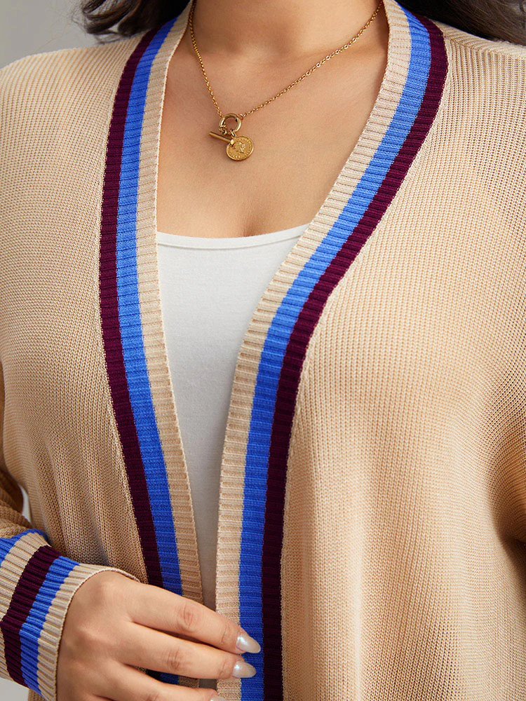 Contrast Striped Patched Pocket Drop Shoulder Cardigan - Image 7