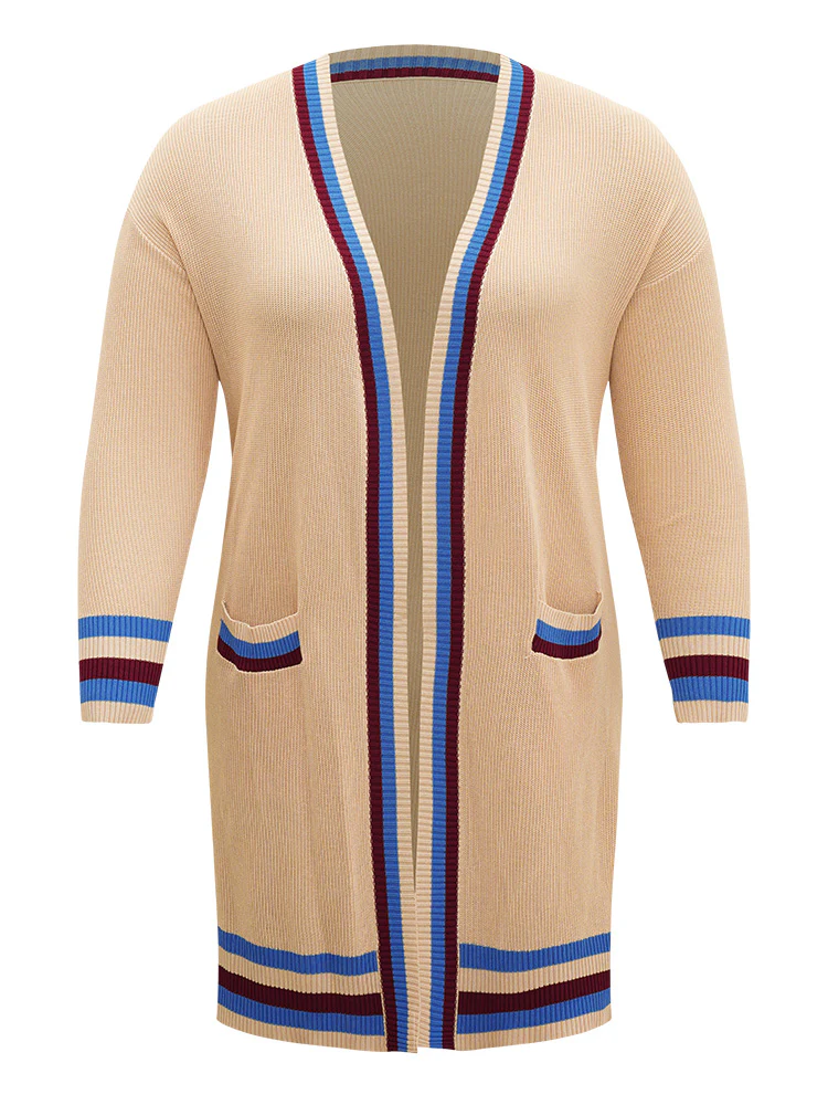 Contrast Striped Patched Pocket Drop Shoulder Cardigan - Image 8