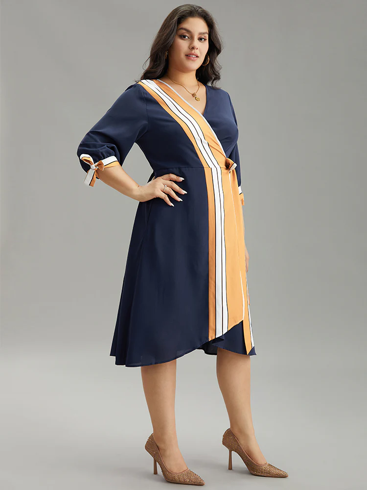 Contrast Striped Patchwork Wrap Dress - Image 2