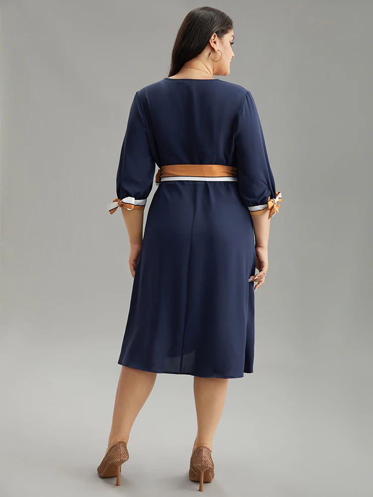 Contrast Striped Patchwork Wrap Dress - Image 3