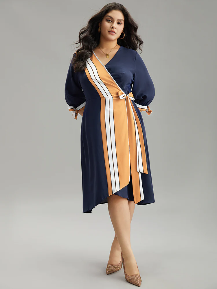 Contrast Striped Patchwork Wrap Dress - Image 4