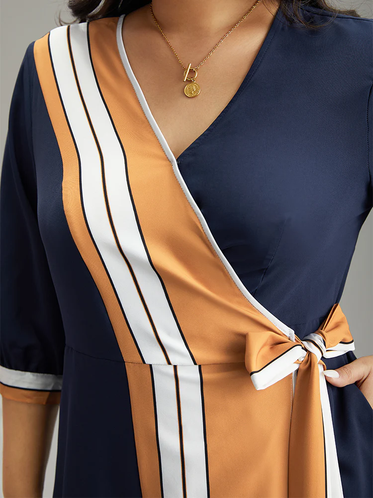 Contrast Striped Patchwork Wrap Dress - Image 5