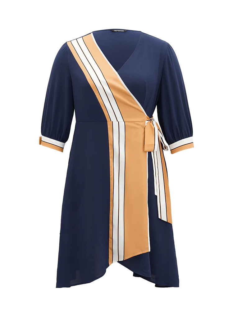 Contrast Striped Patchwork Wrap Dress - Image 8