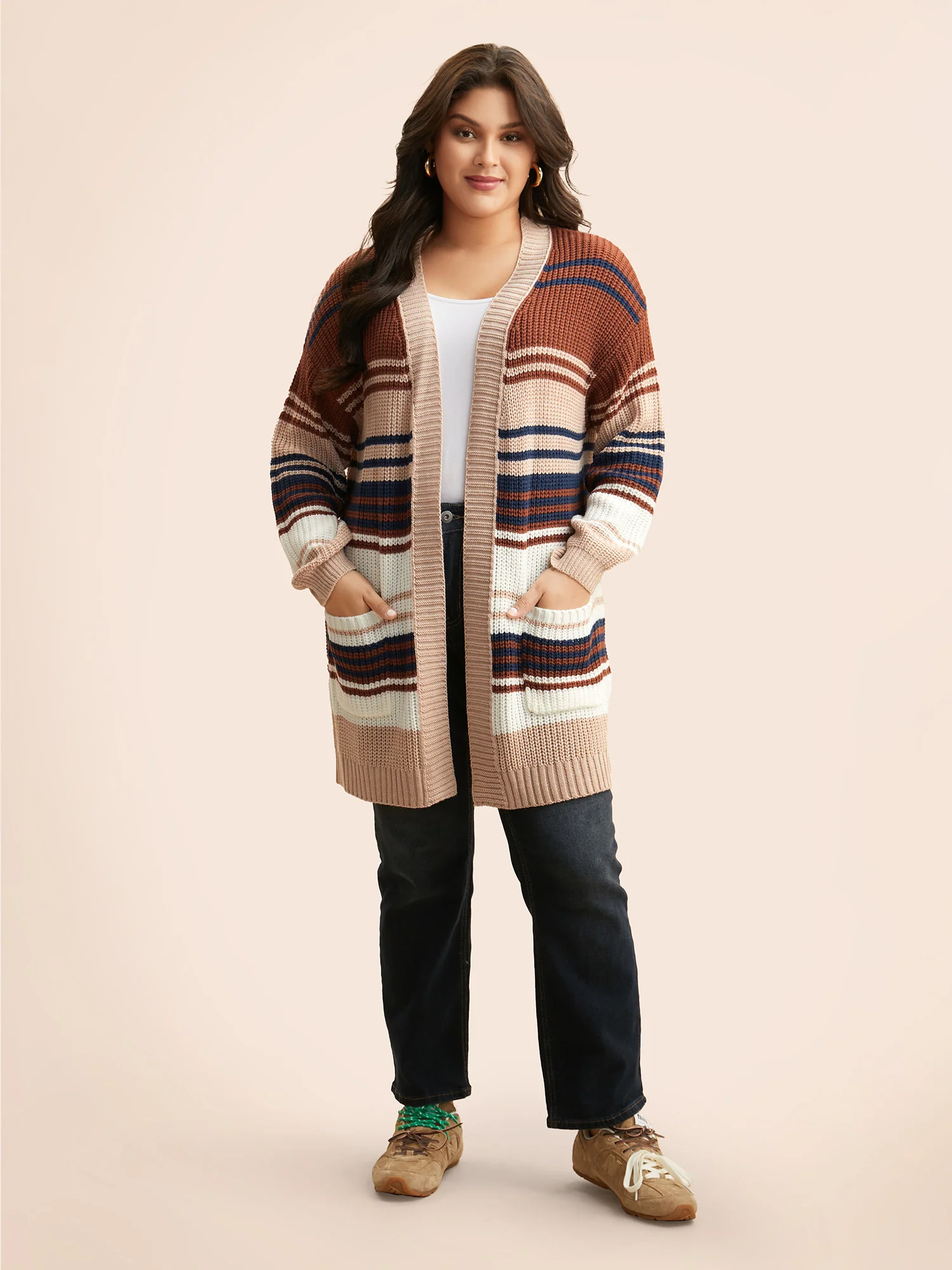Contrast Striped Pocket Drop Shoulder Cardigan - Image 2