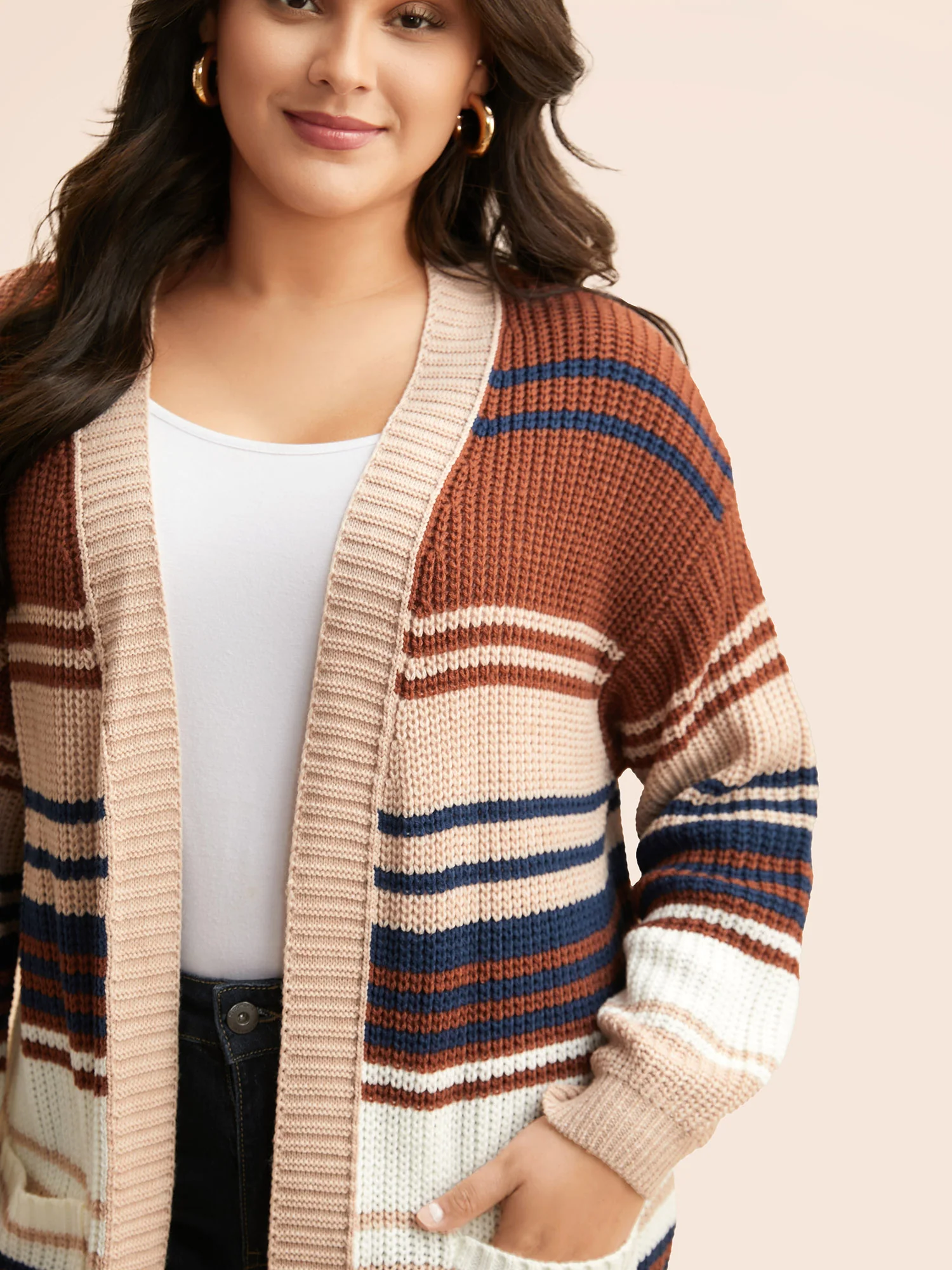 Contrast Striped Pocket Drop Shoulder Cardigan - Image 3