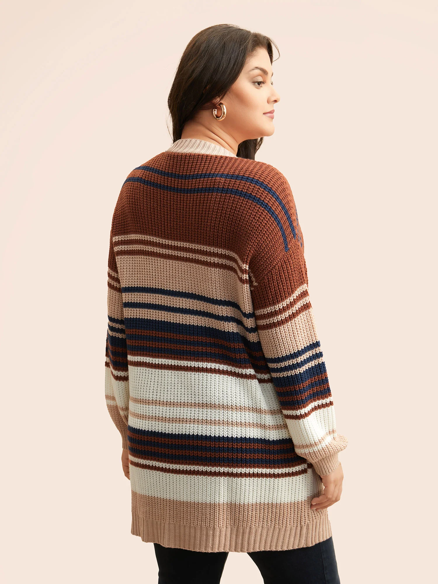 Contrast Striped Pocket Drop Shoulder Cardigan - Image 4