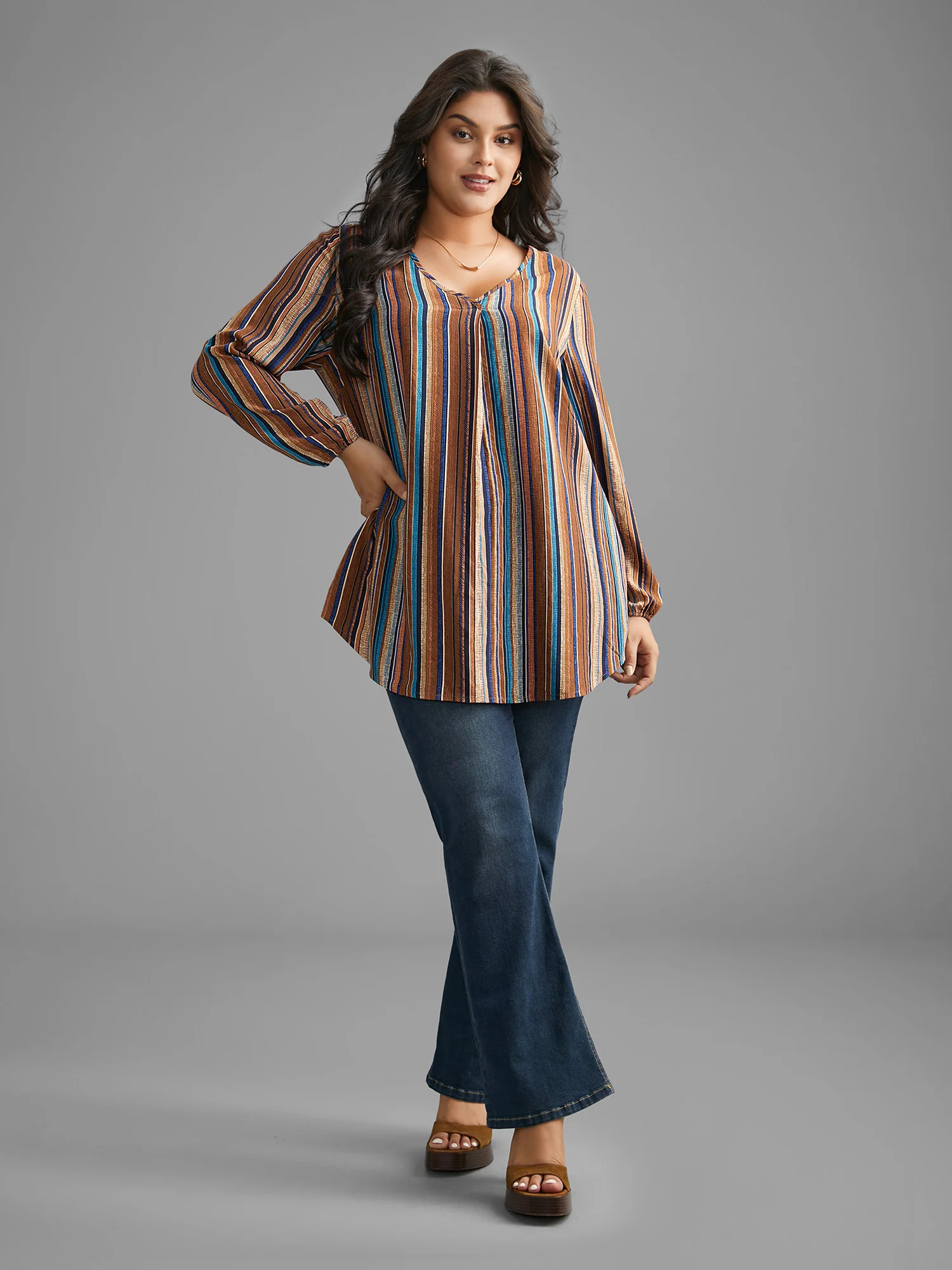 Contrast Striped Pocket Lantern Sleeve Blouse - Image 2