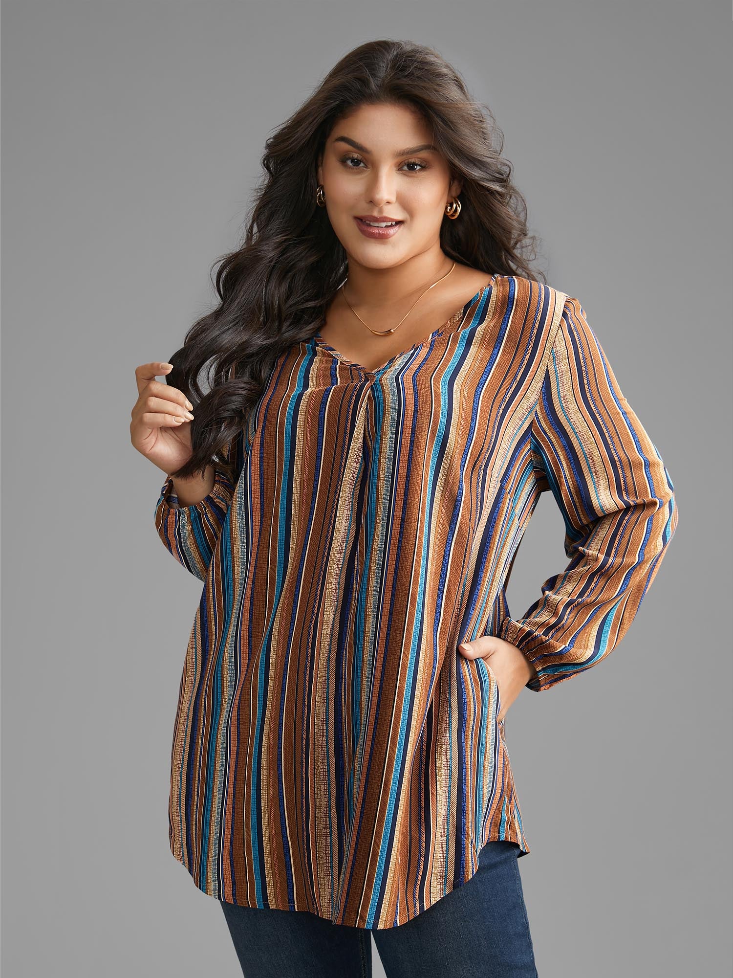Contrast Striped Pocket Lantern Sleeve Blouse - Image 3