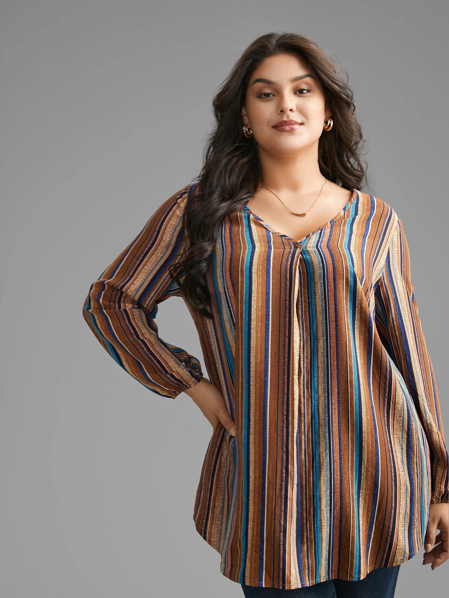Contrast Striped Pocket Lantern Sleeve Blouse - Image 4