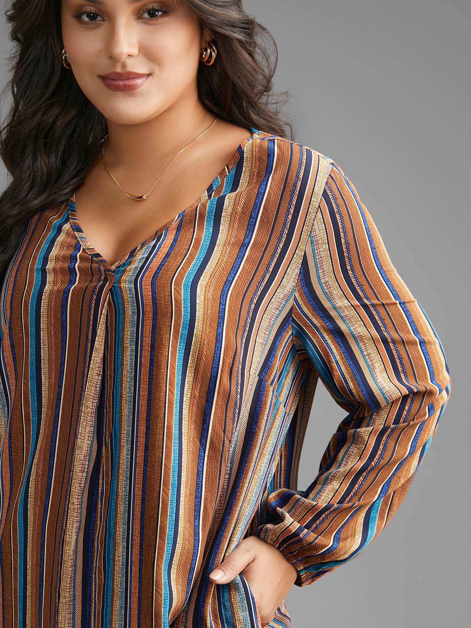 Contrast Striped Pocket Lantern Sleeve Blouse - Image 5