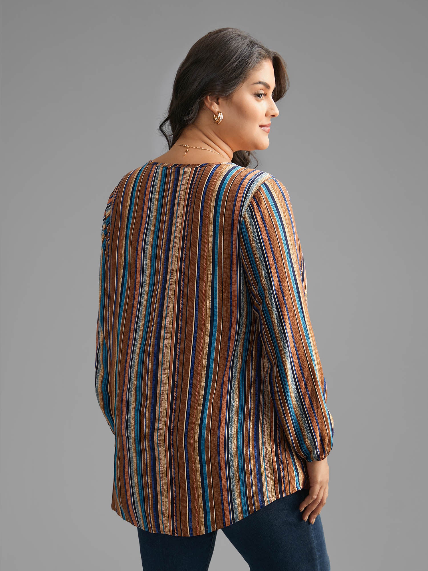 Contrast Striped Pocket Lantern Sleeve Blouse - Image 6