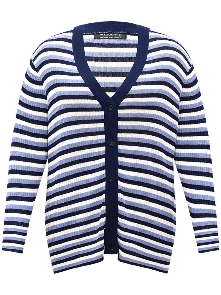 Contrast Striped Rib Knit Button Through Cardigan - Image 10