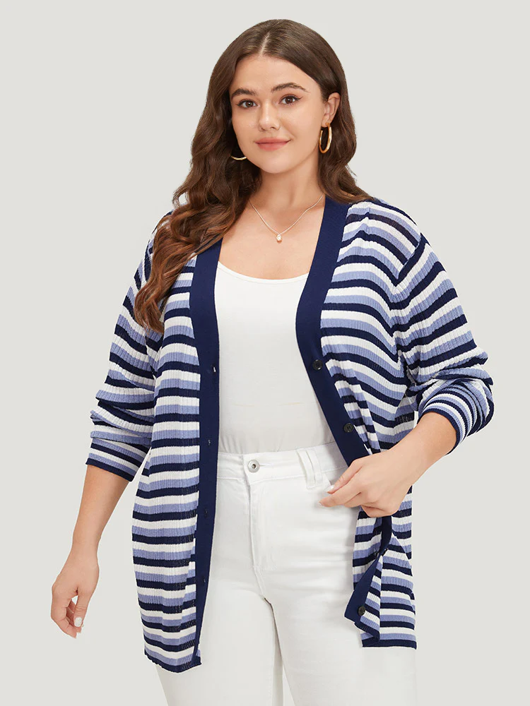 Contrast Striped Rib Knit Button Through Cardigan - Image 2