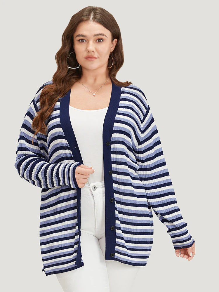 Contrast Striped Rib Knit Button Through Cardigan - Image 3