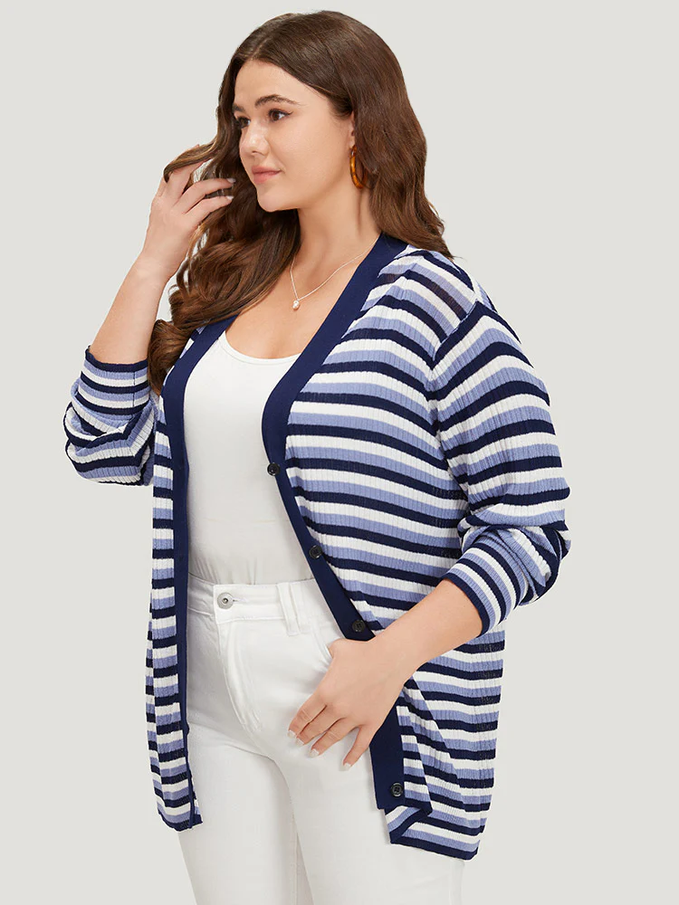 Contrast Striped Rib Knit Button Through Cardigan - Image 4
