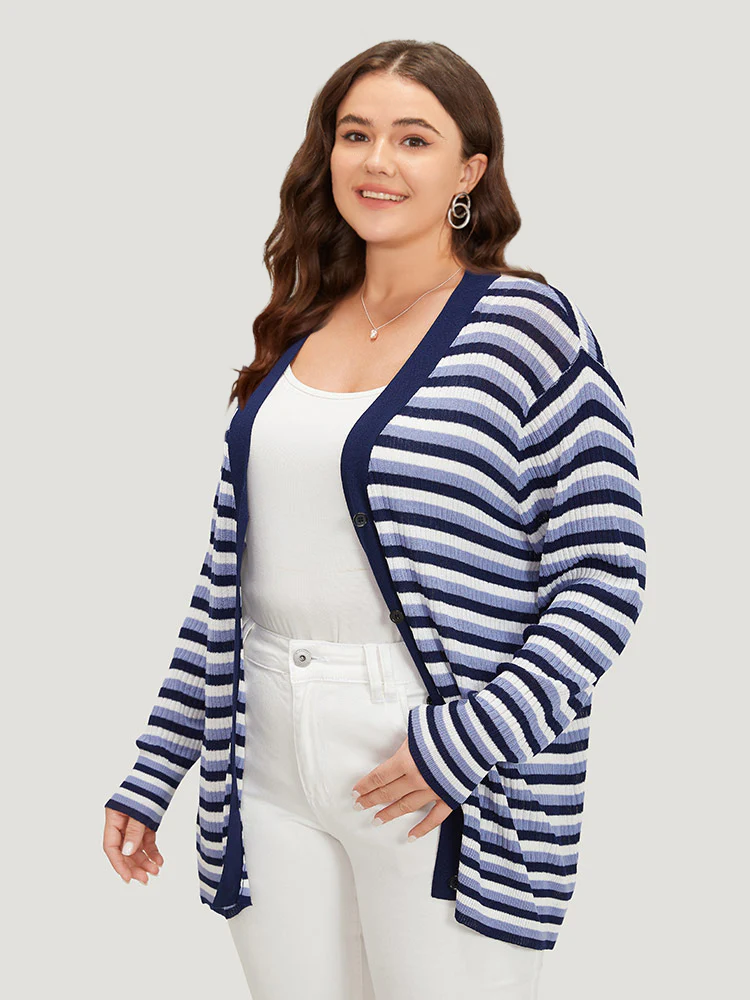 Contrast Striped Rib Knit Button Through Cardigan - Image 5