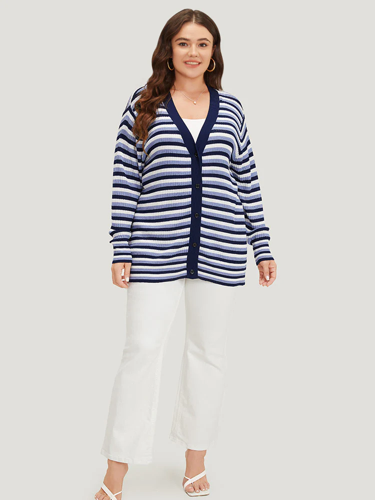 Contrast Striped Rib Knit Button Through Cardigan - Image 6