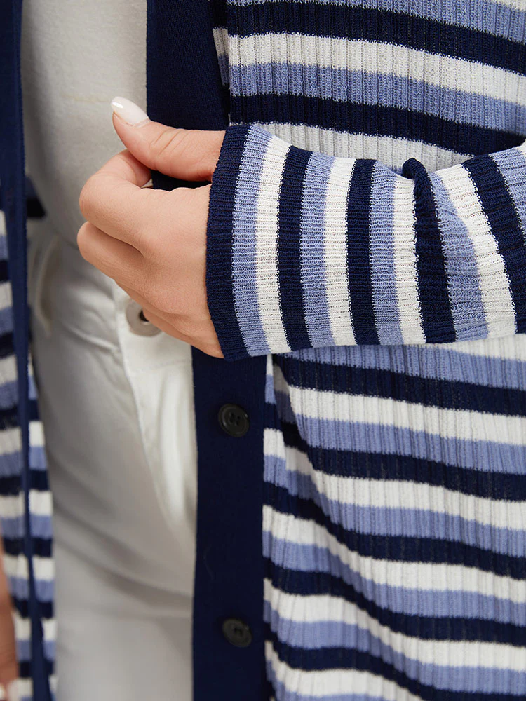 Contrast Striped Rib Knit Button Through Cardigan - Image 8