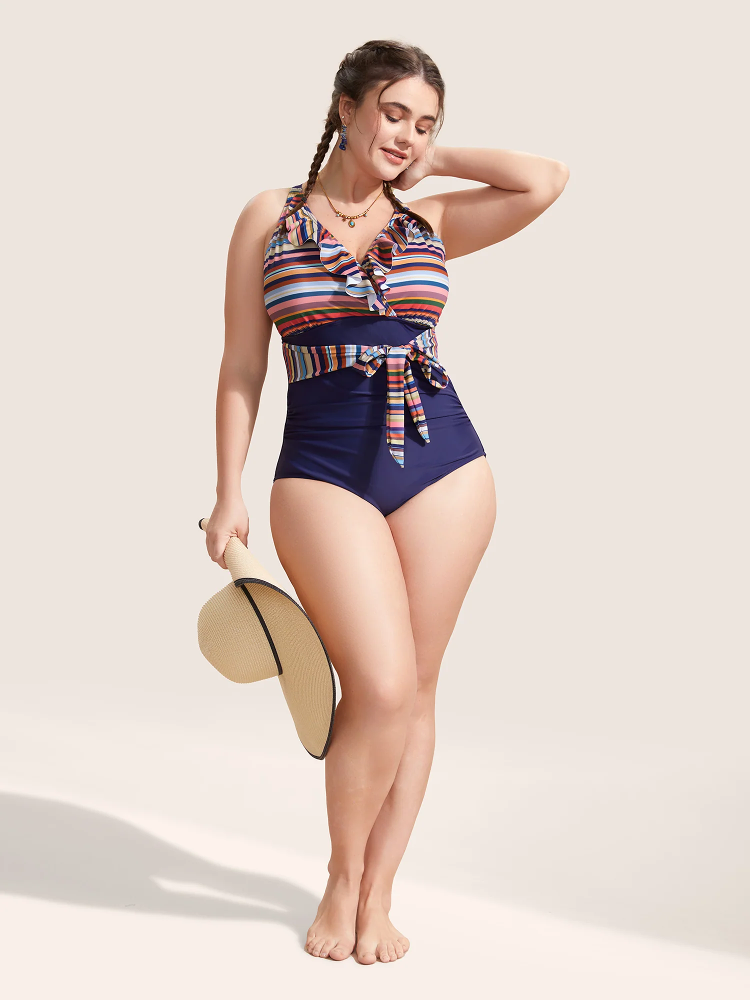 Contrast Striped Ruffle Trim Ties One Piece Swimsuit - Image 3