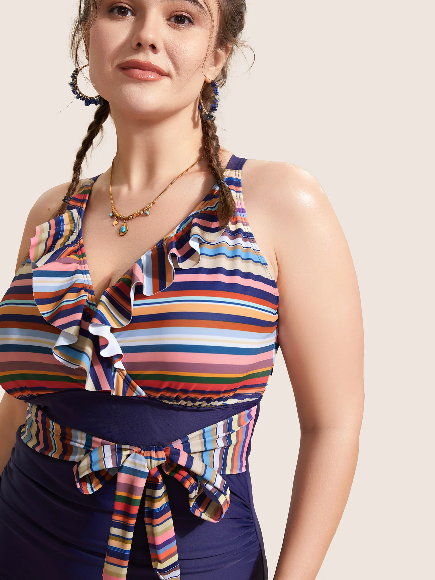Contrast Striped Ruffle Trim Ties One Piece Swimsuit - Image 4