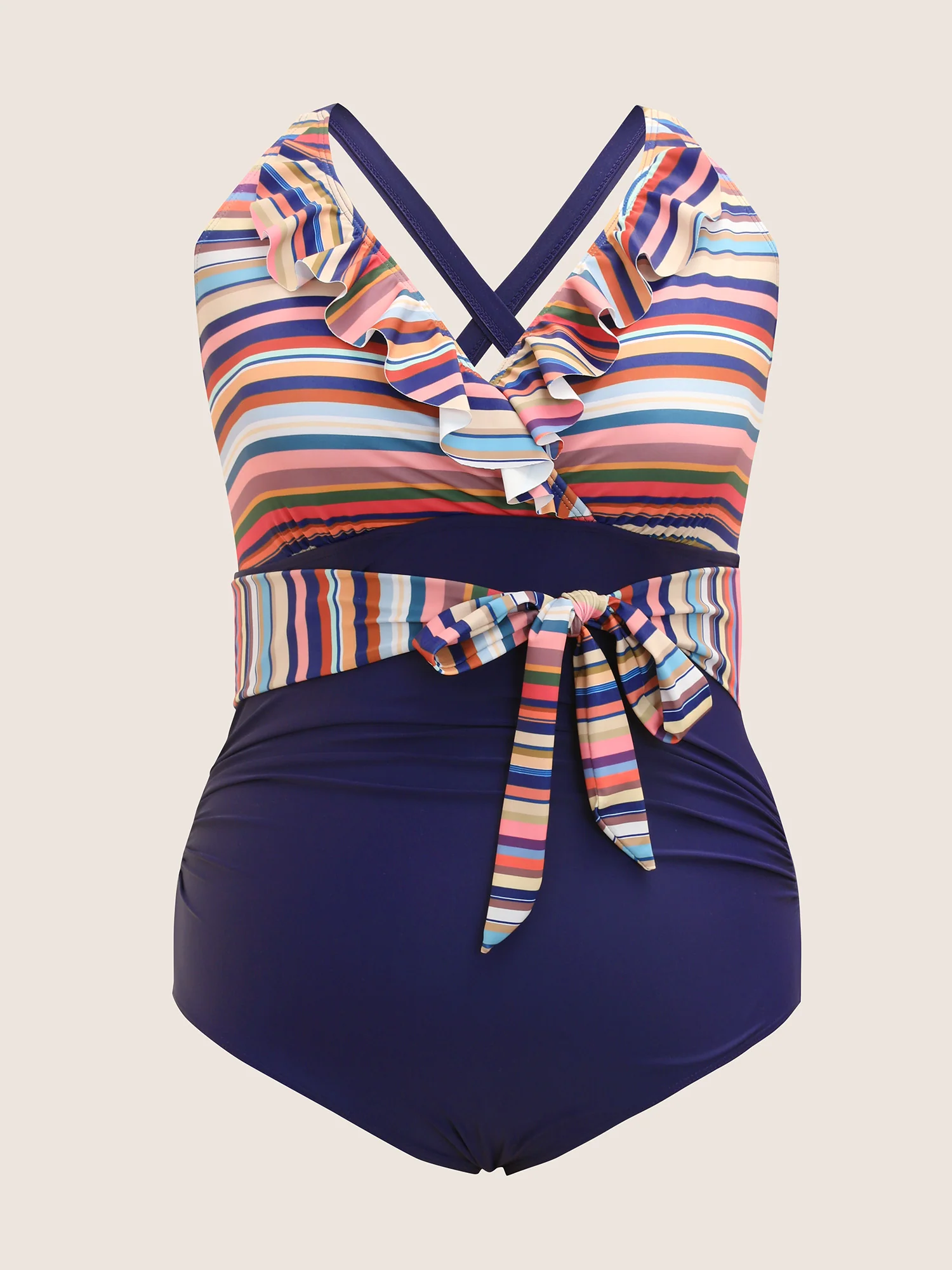 Contrast Striped Ruffle Trim Ties One Piece Swimsuit - Image 7