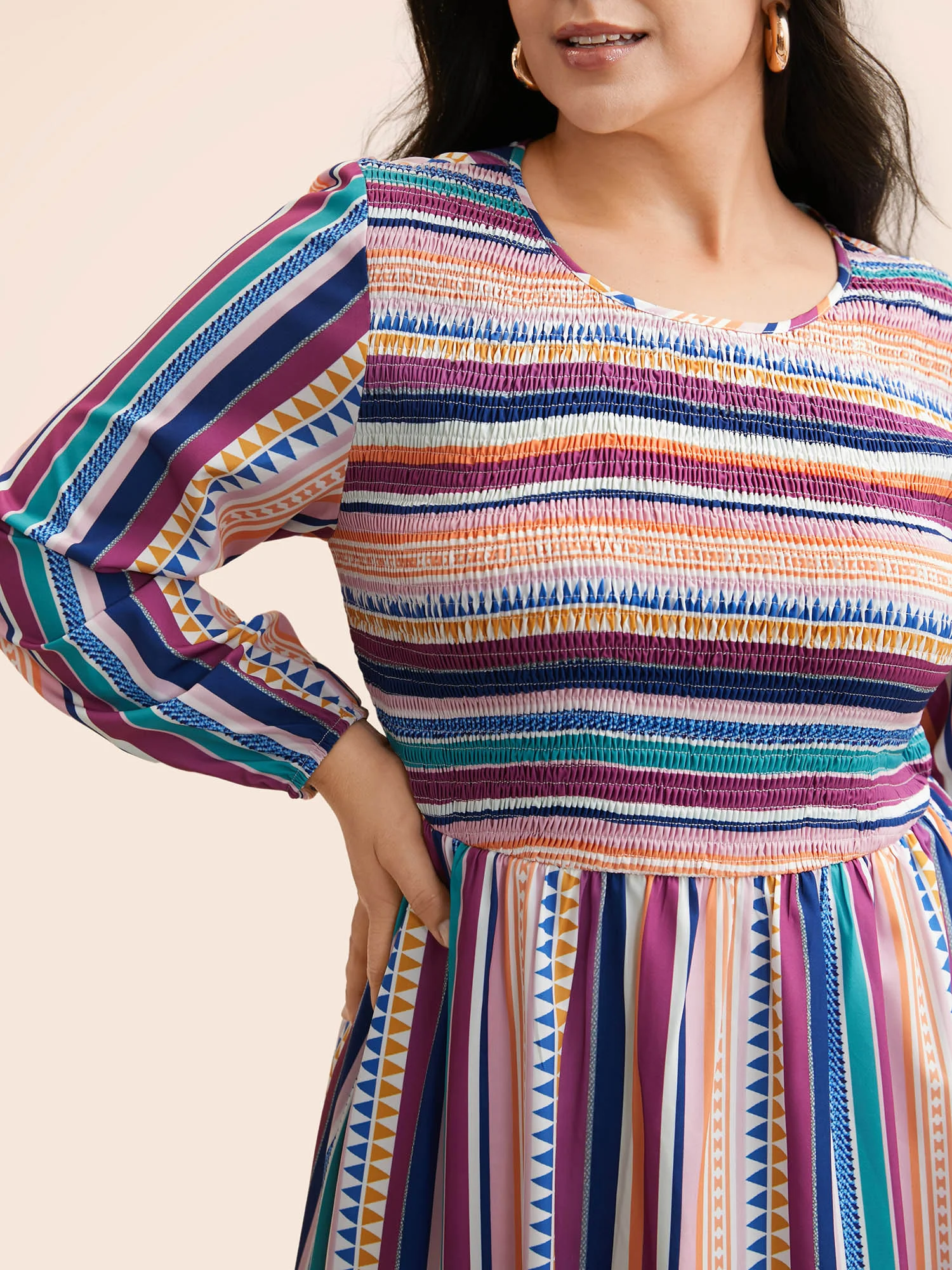 Contrast Striped Shirred Ruffle Hem Dress - Image 2