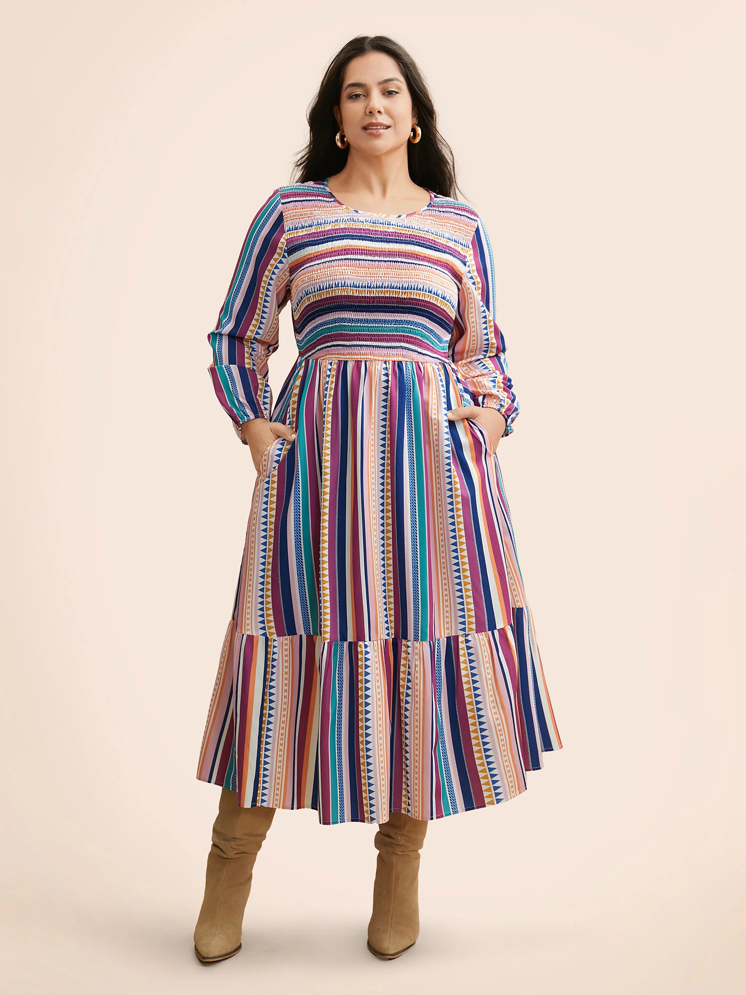 Contrast Striped Shirred Ruffle Hem Dress - Image 3
