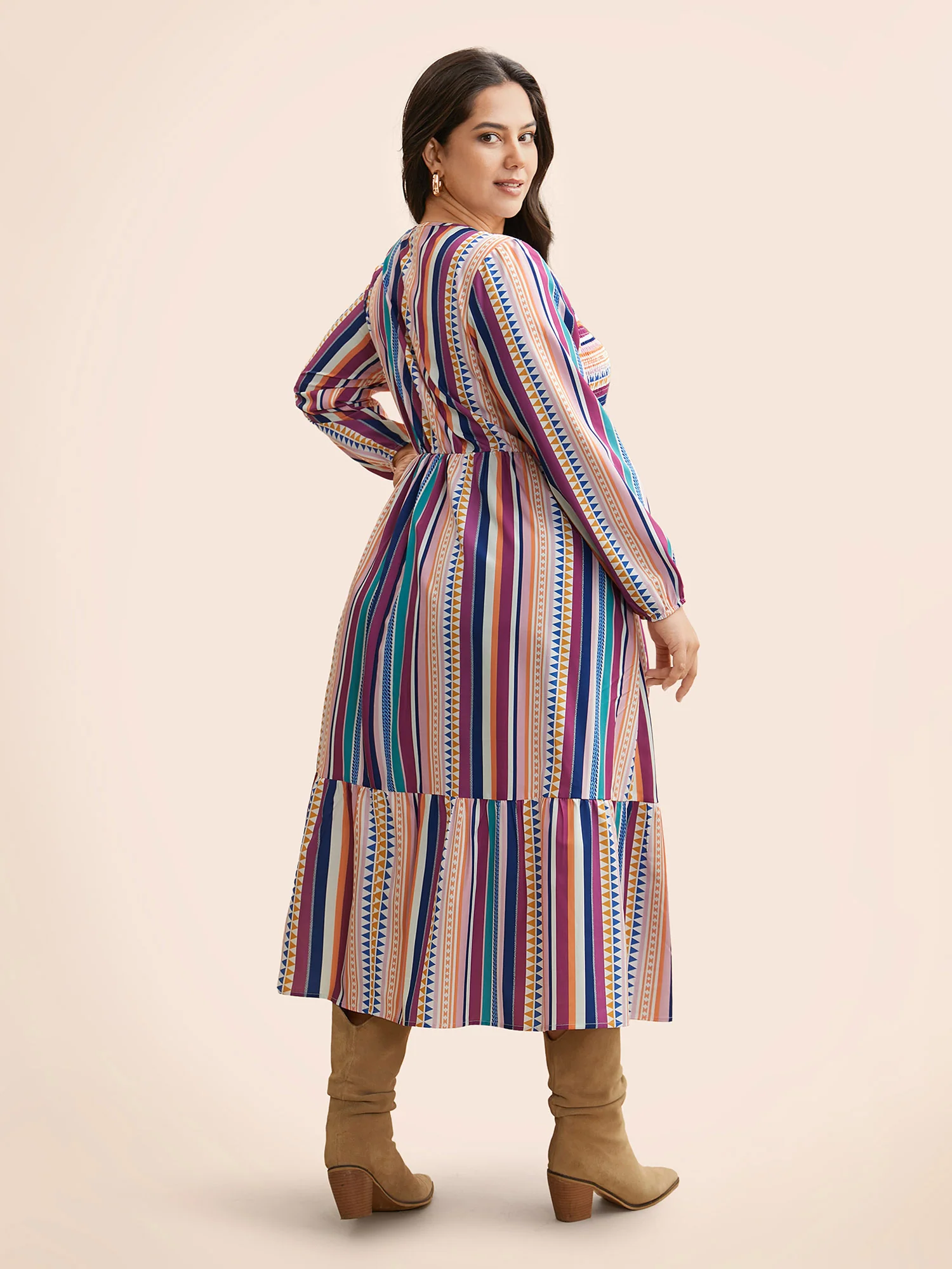 Contrast Striped Shirred Ruffle Hem Dress - Image 4
