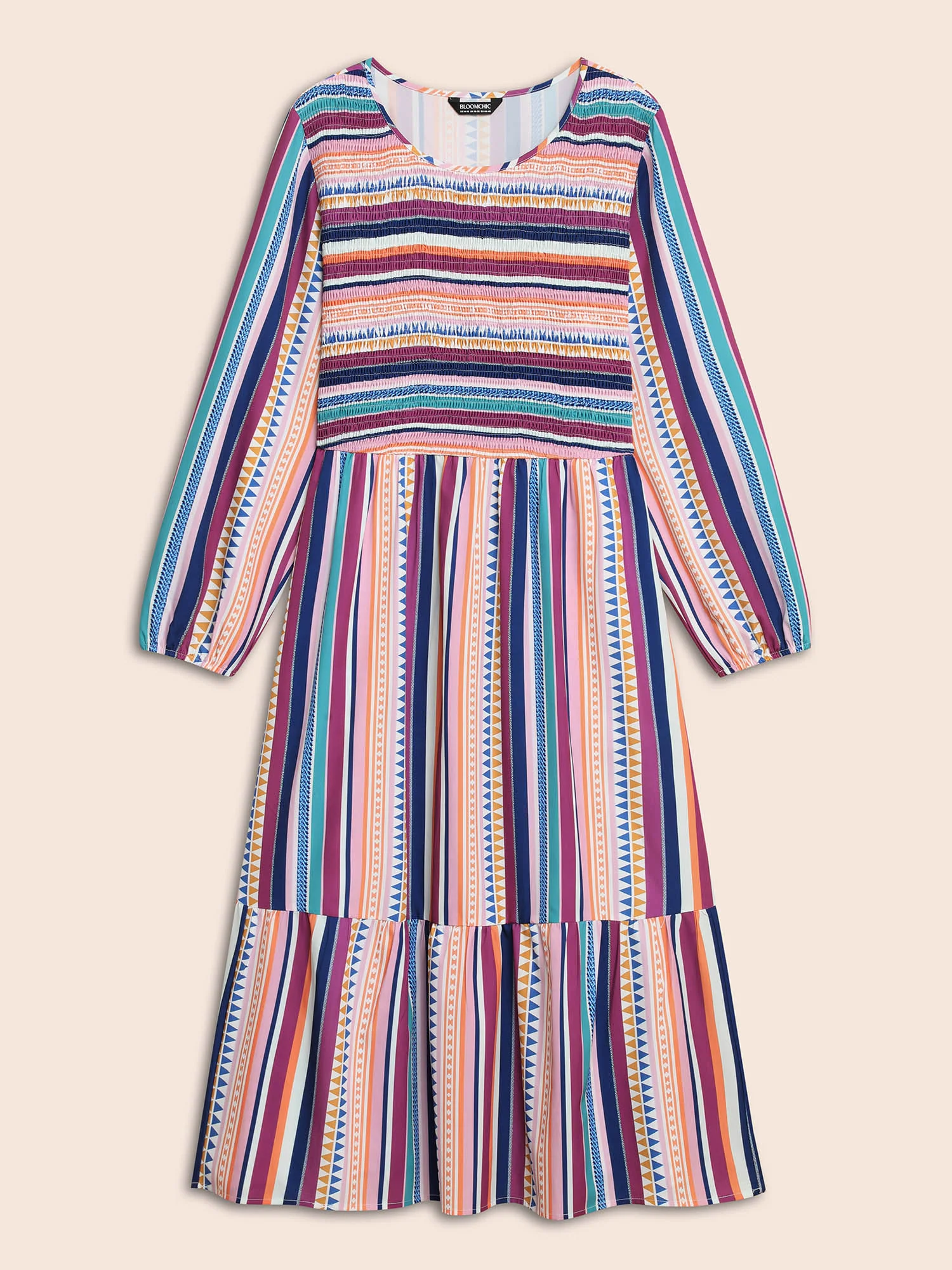 Contrast Striped Shirred Ruffle Hem Dress - Image 7