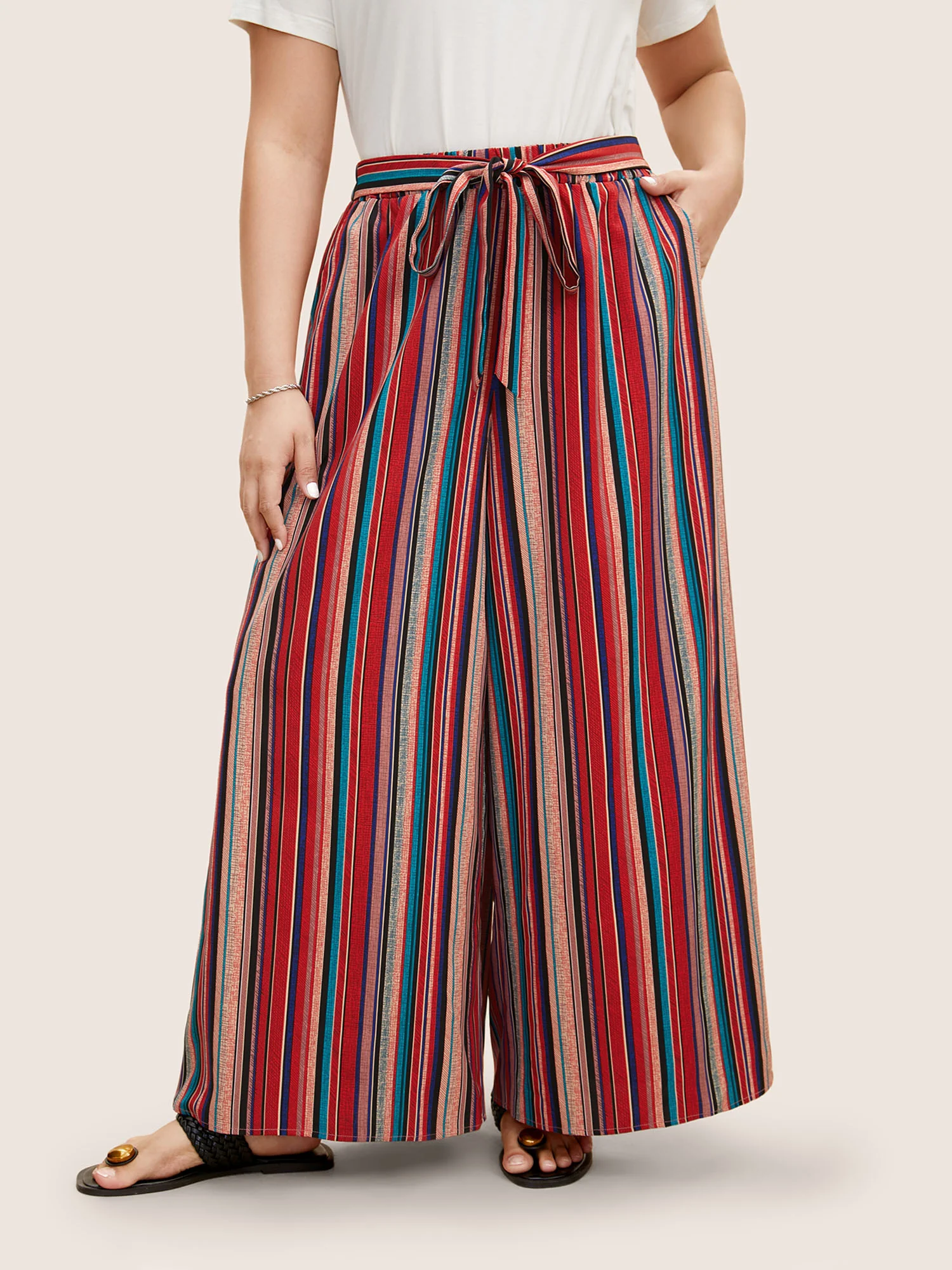 Contrast Striped Tie Knot Wide Leg Pants - Image 2