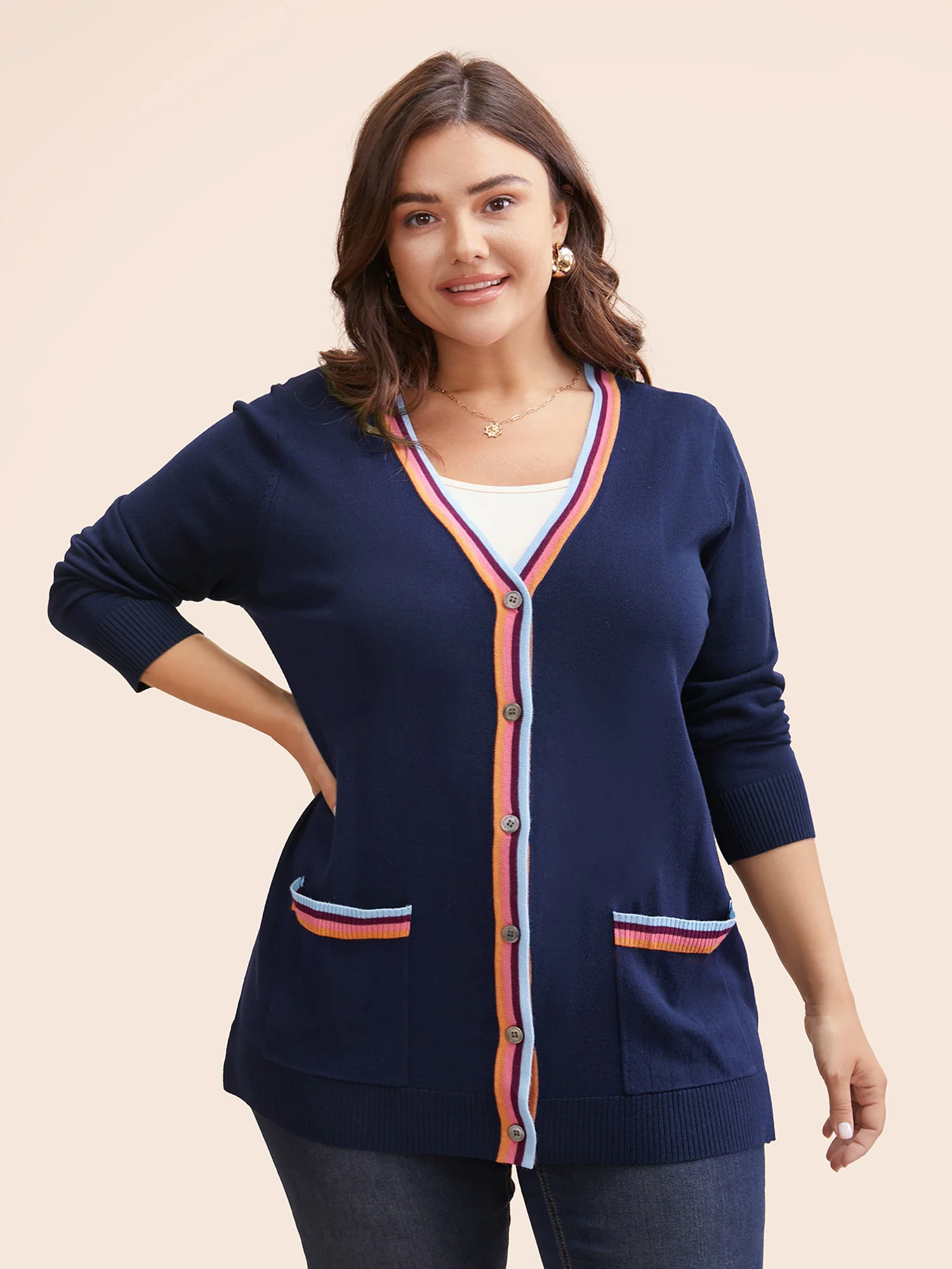 Contrast Striped Trim Patch Pocket Cardigan - Image 3