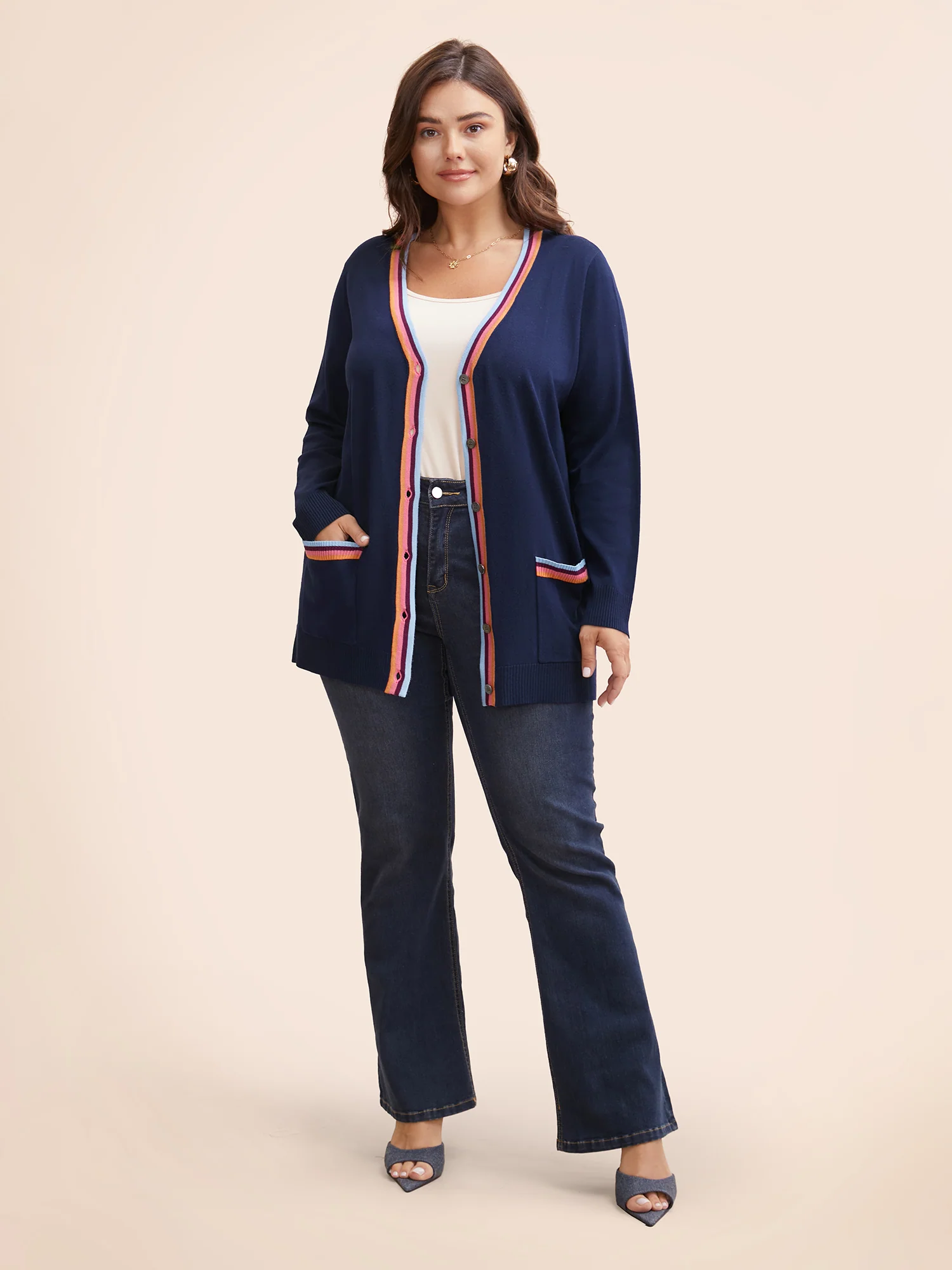 Contrast Striped Trim Patch Pocket Cardigan - Image 5