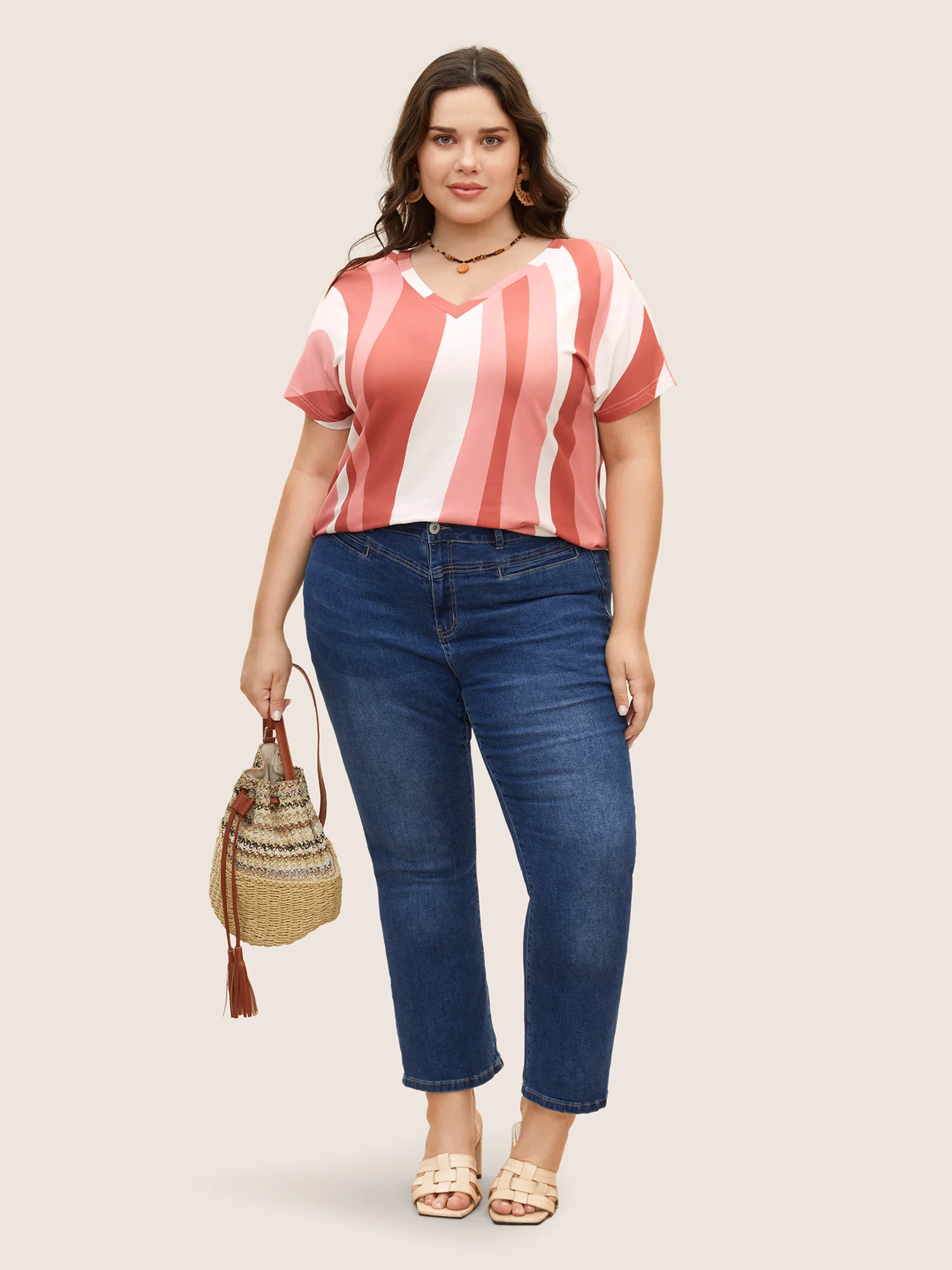 Contrast Striped V Neck Batwing Sleeve T-shirt - Image 2
