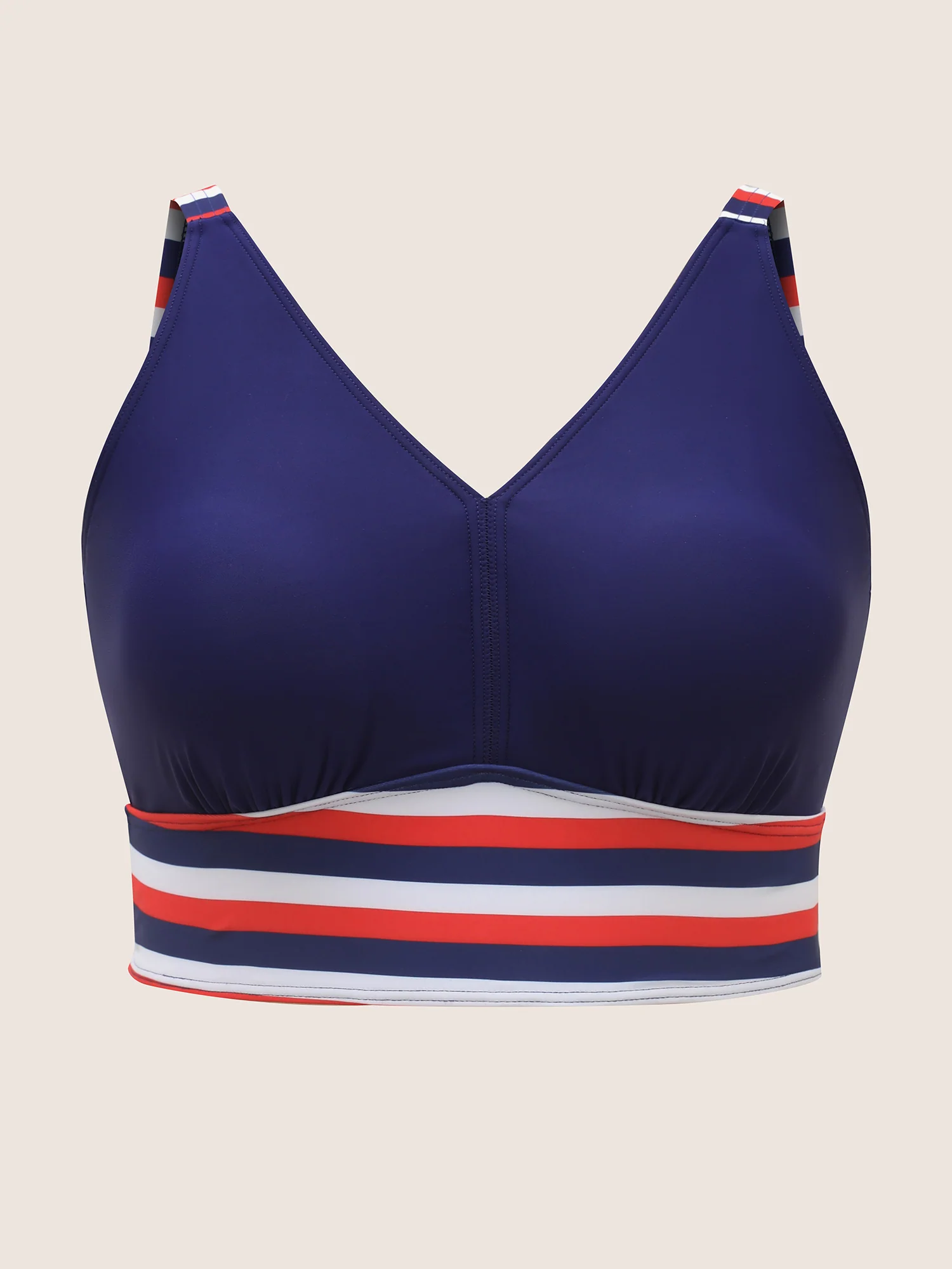 Contrast Striped V Neck Gathered Swim Top - Image 7