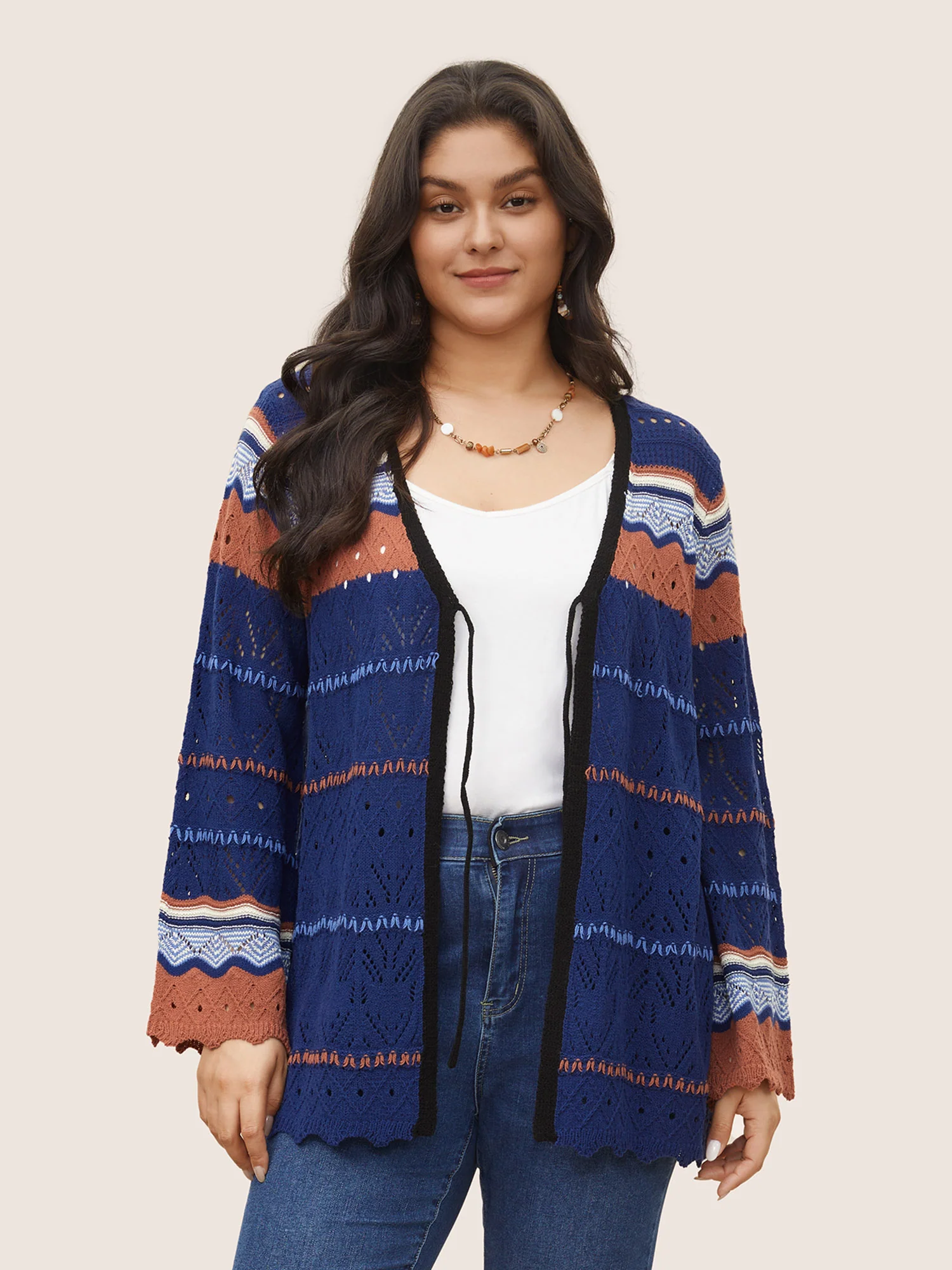 Contrast Texture Hollow Out Ties Cardigan - Image 3
