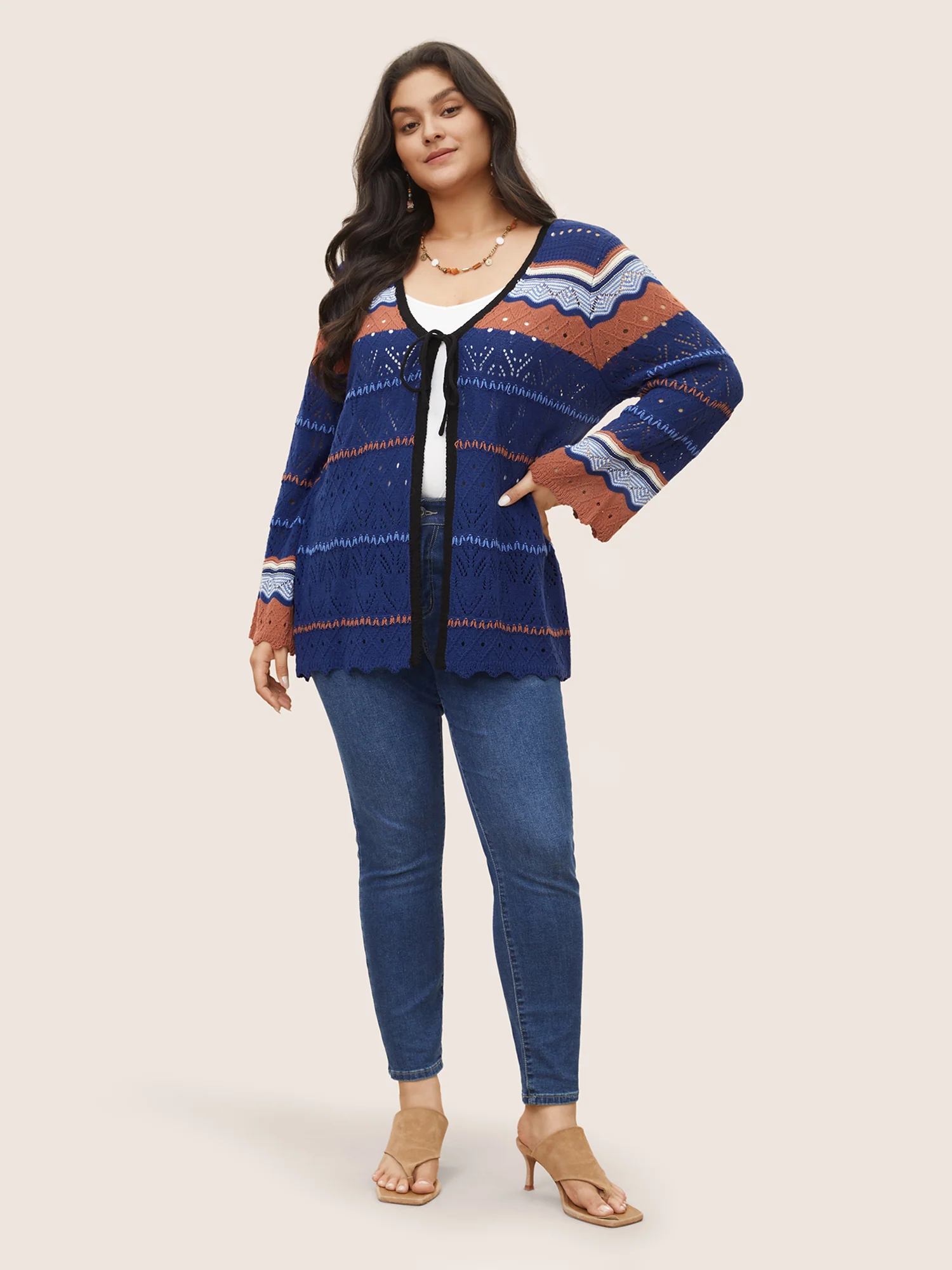 Contrast Texture Hollow Out Ties Cardigan - Image 4