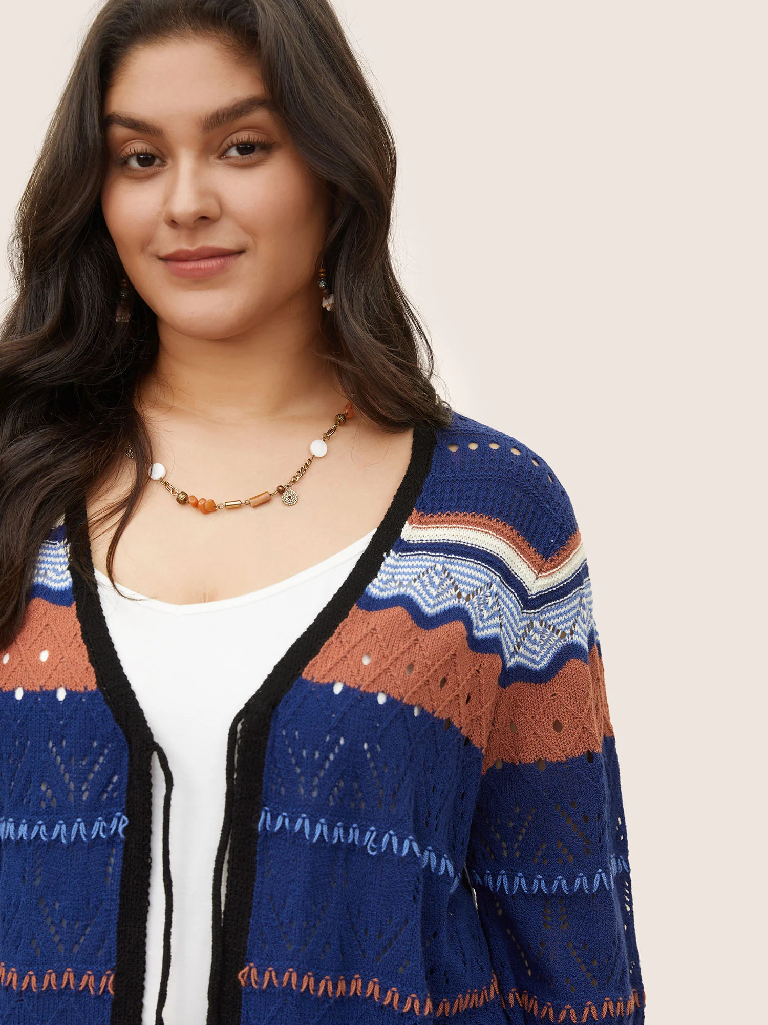 Contrast Texture Hollow Out Ties Cardigan - Image 5