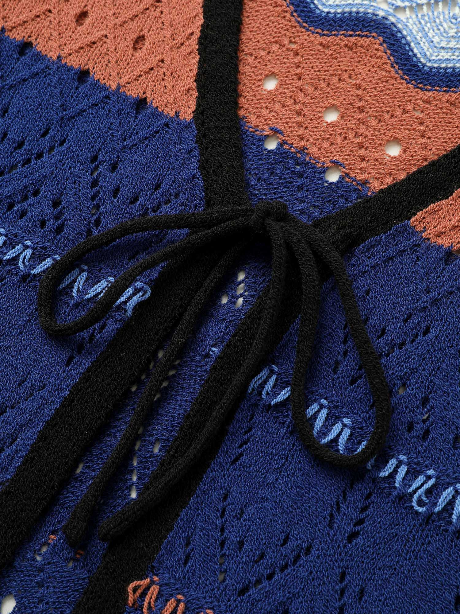 Contrast Texture Hollow Out Ties Cardigan - Image 6