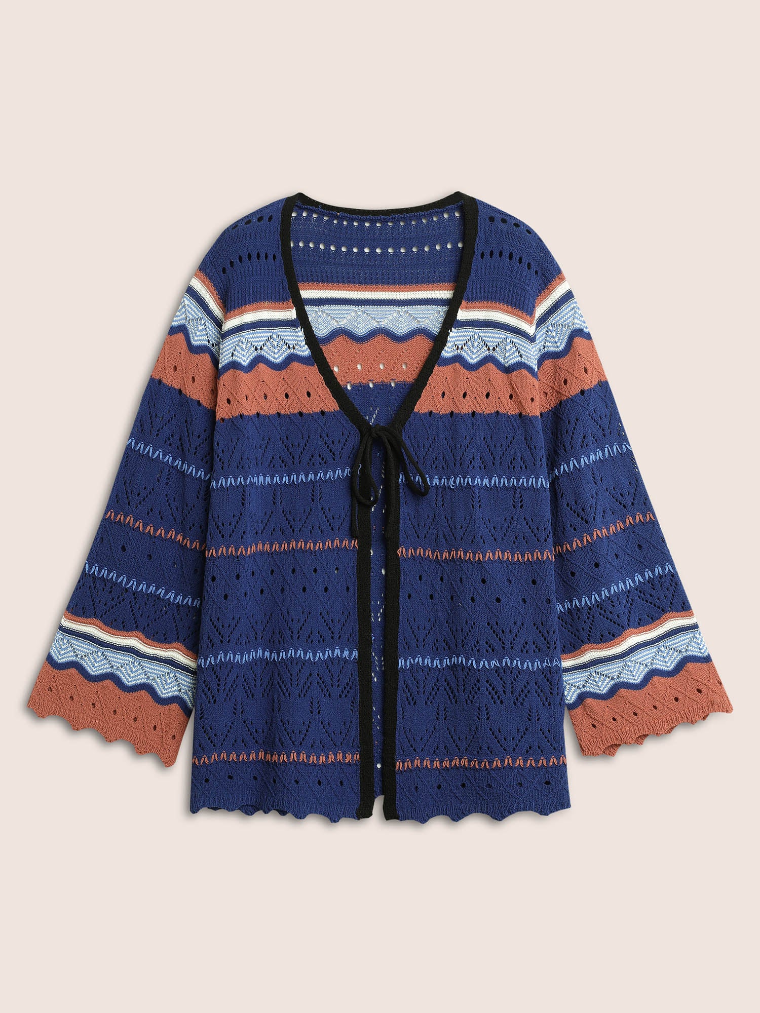 Contrast Texture Hollow Out Ties Cardigan - Image 8